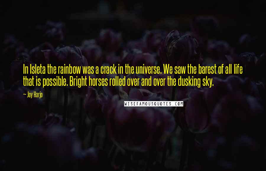 Joy Harjo Quotes: In Isleta the rainbow was a crack in the universe. We saw the barest of all life that is possible. Bright horses rolled over and over the dusking sky.