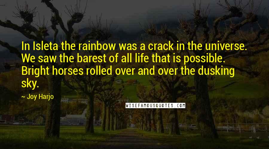 Joy Harjo Quotes: In Isleta the rainbow was a crack in the universe. We saw the barest of all life that is possible. Bright horses rolled over and over the dusking sky.