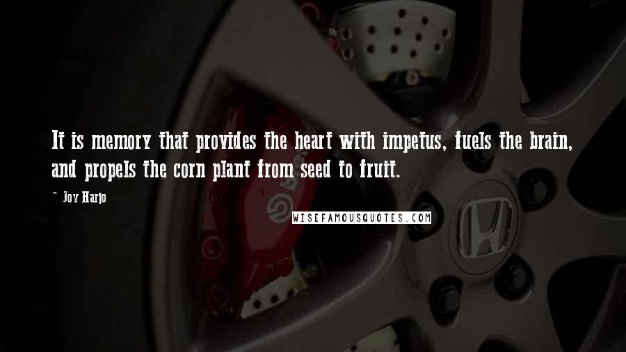 Joy Harjo Quotes: It is memory that provides the heart with impetus, fuels the brain, and propels the corn plant from seed to fruit.
