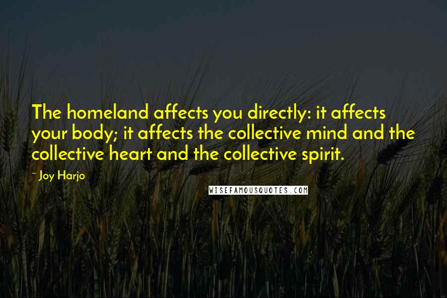 Joy Harjo Quotes: The homeland affects you directly: it affects your body; it affects the collective mind and the collective heart and the collective spirit.