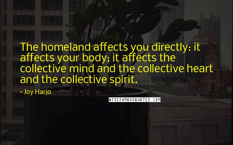 Joy Harjo Quotes: The homeland affects you directly: it affects your body; it affects the collective mind and the collective heart and the collective spirit.