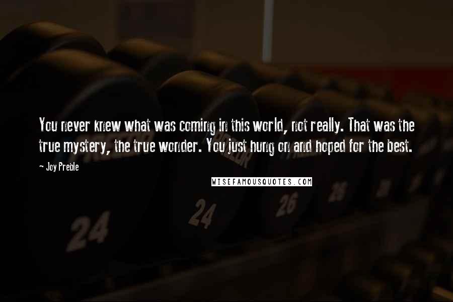 Joy Preble Quotes: You never knew what was coming in this world, not really. That was the true mystery, the true wonder. You just hung on and hoped for the best.