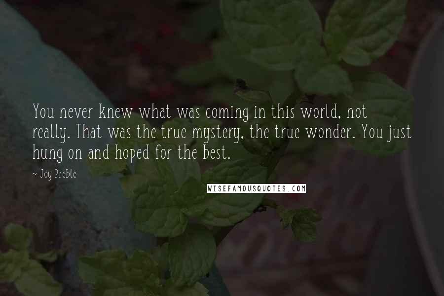 Joy Preble Quotes: You never knew what was coming in this world, not really. That was the true mystery, the true wonder. You just hung on and hoped for the best.