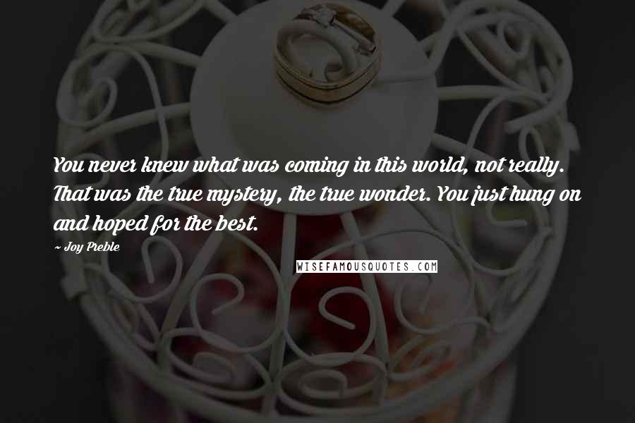 Joy Preble Quotes: You never knew what was coming in this world, not really. That was the true mystery, the true wonder. You just hung on and hoped for the best.