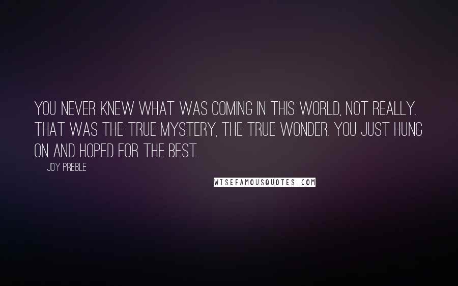 Joy Preble Quotes: You never knew what was coming in this world, not really. That was the true mystery, the true wonder. You just hung on and hoped for the best.