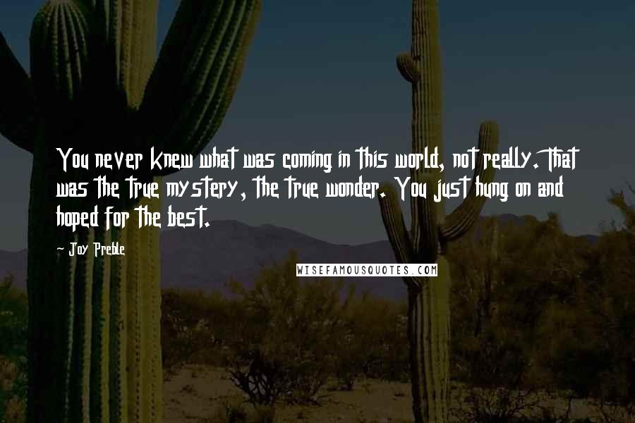 Joy Preble Quotes: You never knew what was coming in this world, not really. That was the true mystery, the true wonder. You just hung on and hoped for the best.