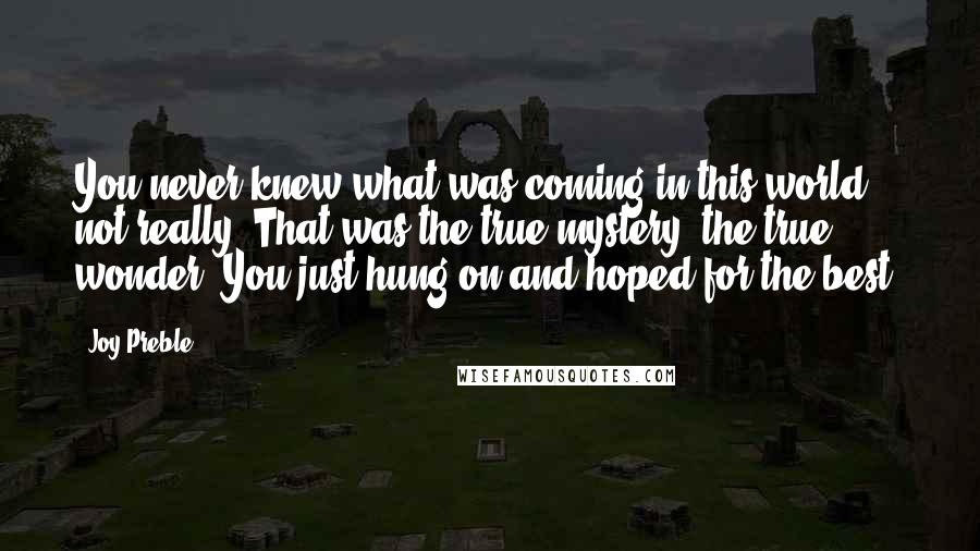 Joy Preble Quotes: You never knew what was coming in this world, not really. That was the true mystery, the true wonder. You just hung on and hoped for the best.