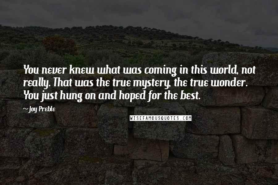 Joy Preble Quotes: You never knew what was coming in this world, not really. That was the true mystery, the true wonder. You just hung on and hoped for the best.