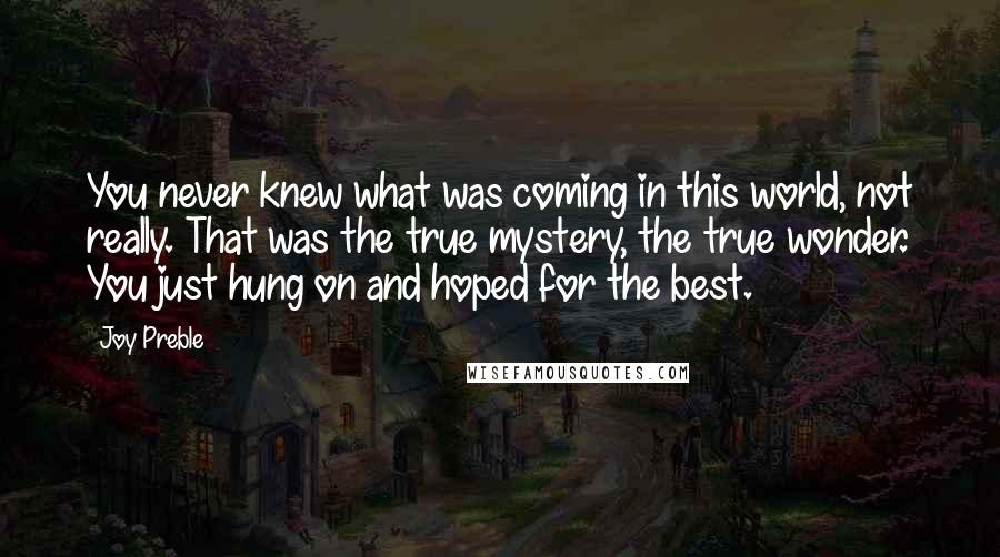 Joy Preble Quotes: You never knew what was coming in this world, not really. That was the true mystery, the true wonder. You just hung on and hoped for the best.