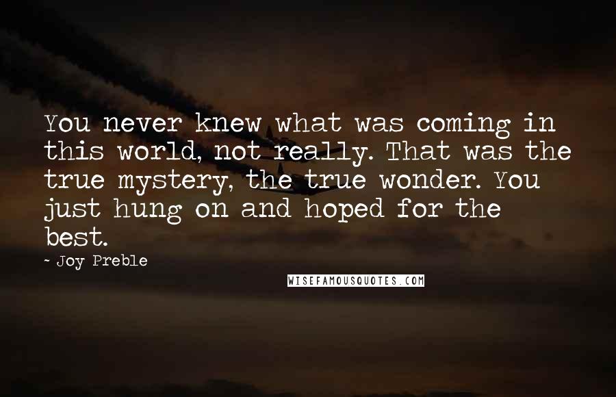 Joy Preble Quotes: You never knew what was coming in this world, not really. That was the true mystery, the true wonder. You just hung on and hoped for the best.