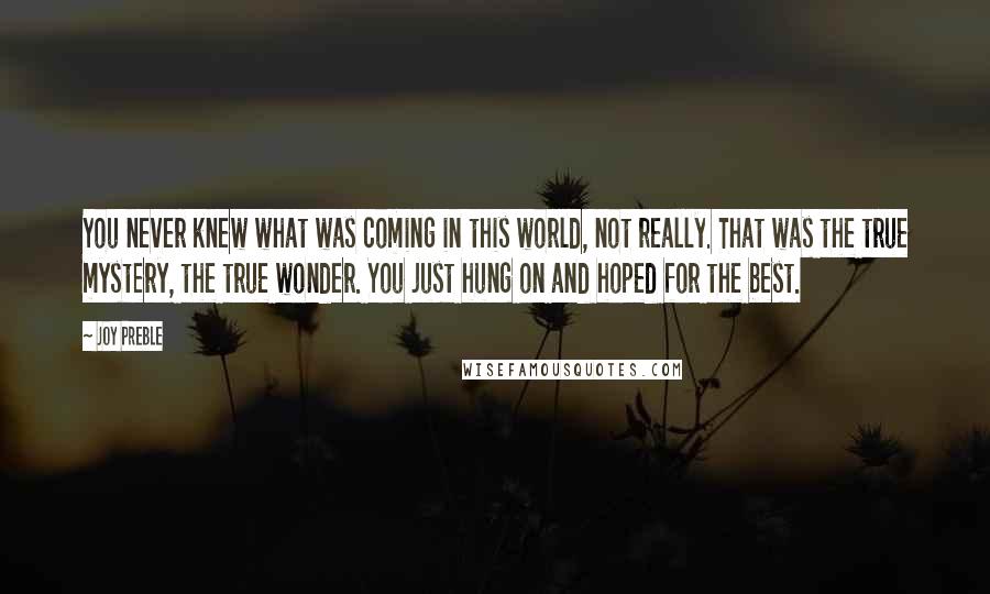 Joy Preble Quotes: You never knew what was coming in this world, not really. That was the true mystery, the true wonder. You just hung on and hoped for the best.