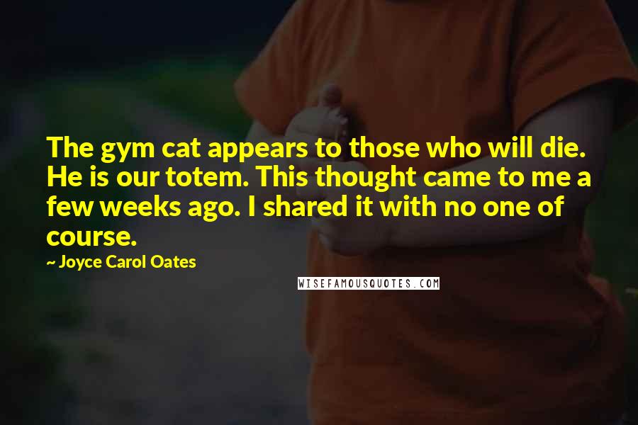Joyce Carol Oates Quotes: The gym cat appears to those who will die. He is our totem. This thought came to me a few weeks ago. I shared it with no one of course.