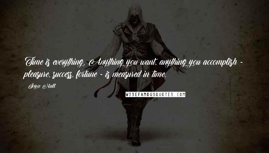 Joyce Hall Quotes: Time is everything. Anything you want, anything you accomplish - pleasure, success, fortune - is measured in time.