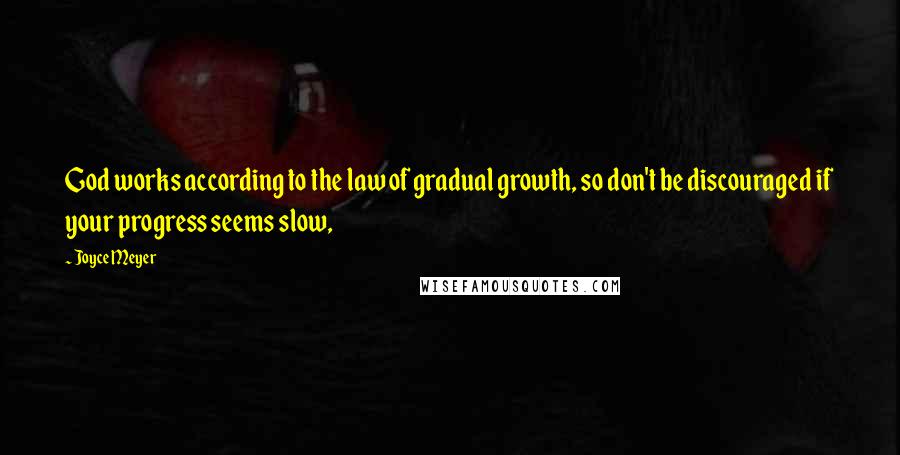 Joyce Meyer Quotes: God works according to the law of gradual growth, so don't be discouraged if your progress seems slow,