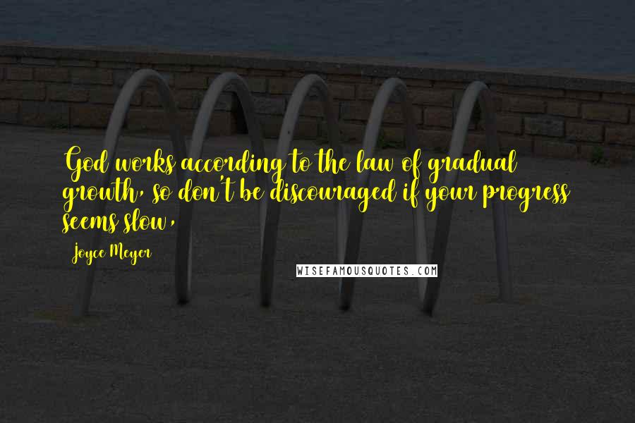 Joyce Meyer Quotes: God works according to the law of gradual growth, so don't be discouraged if your progress seems slow,