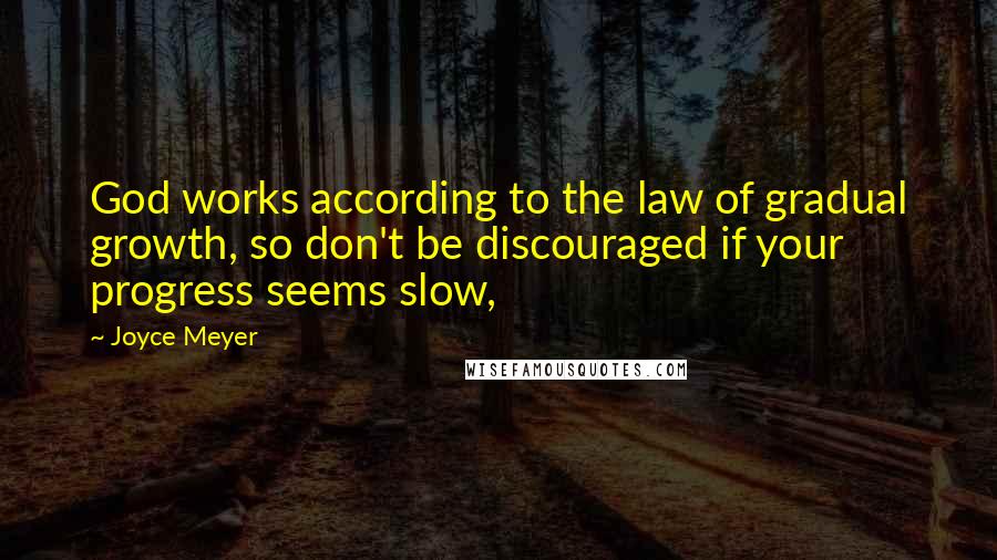 Joyce Meyer Quotes: God works according to the law of gradual growth, so don't be discouraged if your progress seems slow,