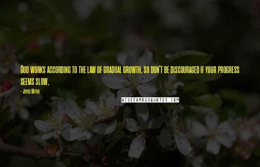 Joyce Meyer Quotes: God works according to the law of gradual growth, so don't be discouraged if your progress seems slow,
