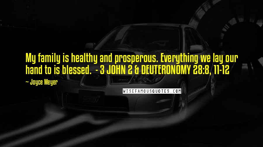 Joyce Meyer Quotes: My family is healthy and prosperous. Everything we lay our hand to is blessed. - 3 JOHN 2 & DEUTERONOMY 28:8, 11-12