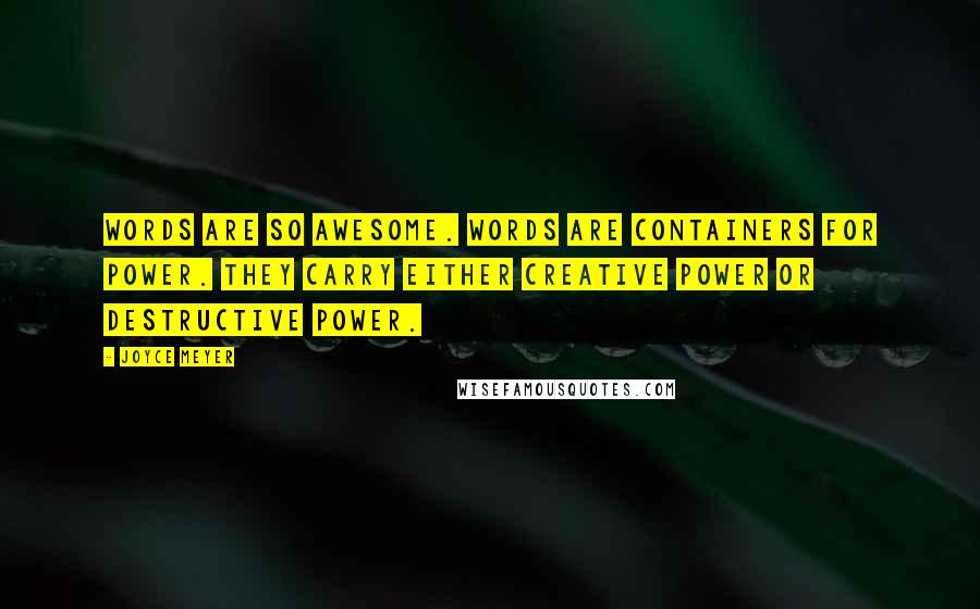 Joyce Meyer Quotes: Words are so awesome. Words are containers for power. They carry either creative power or destructive power.