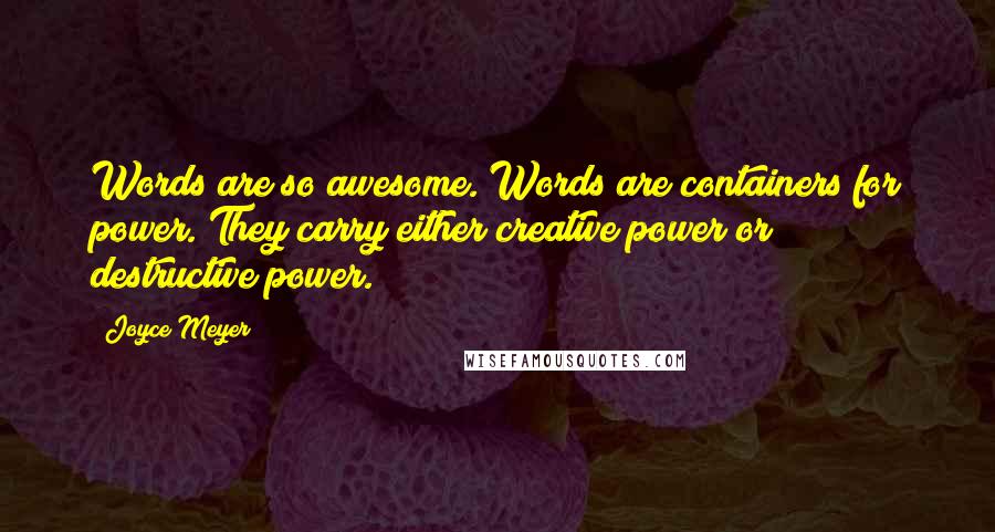 Joyce Meyer Quotes: Words are so awesome. Words are containers for power. They carry either creative power or destructive power.