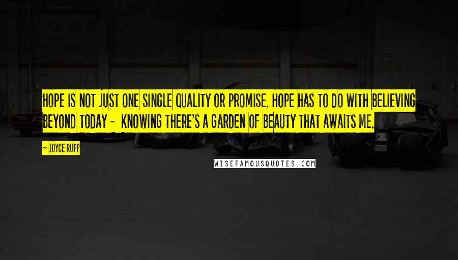 Joyce Rupp Quotes: Hope is not just one single quality or promise. Hope has to do with believing beyond today - knowing there's a garden of beauty that awaits me.