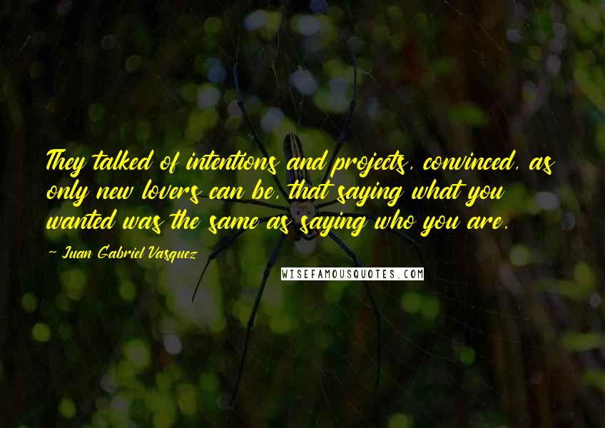 Juan Gabriel Vasquez Quotes: They talked of intentions and projects, convinced, as only new lovers can be, that saying what you wanted was the same as saying who you are.