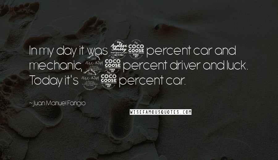 Juan Manuel Fangio Quotes: In my day it was 75 percent car and mechanic, 25 percent driver and luck. Today it's 95 percent car.