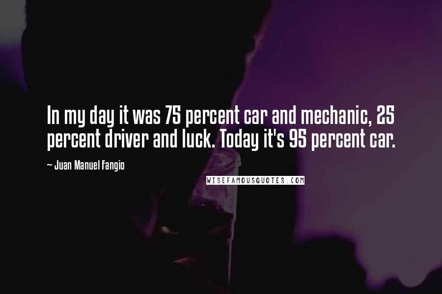 Juan Manuel Fangio Quotes: In my day it was 75 percent car and mechanic, 25 percent driver and luck. Today it's 95 percent car.