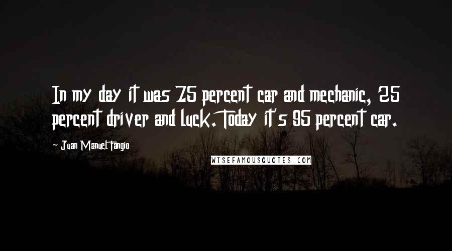 Juan Manuel Fangio Quotes: In my day it was 75 percent car and mechanic, 25 percent driver and luck. Today it's 95 percent car.