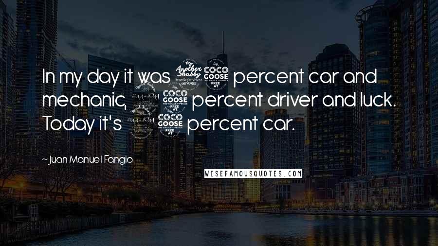 Juan Manuel Fangio Quotes: In my day it was 75 percent car and mechanic, 25 percent driver and luck. Today it's 95 percent car.