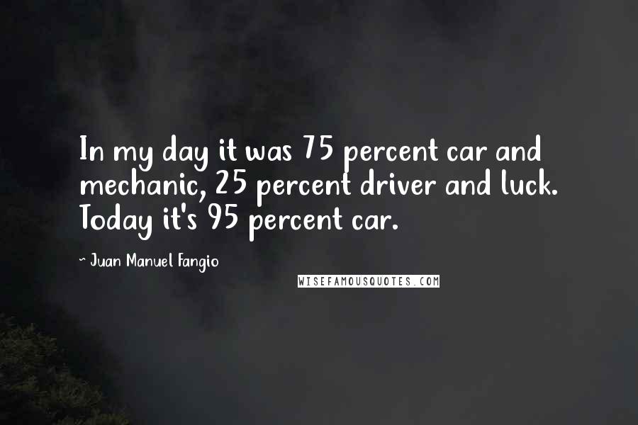 Juan Manuel Fangio Quotes: In my day it was 75 percent car and mechanic, 25 percent driver and luck. Today it's 95 percent car.