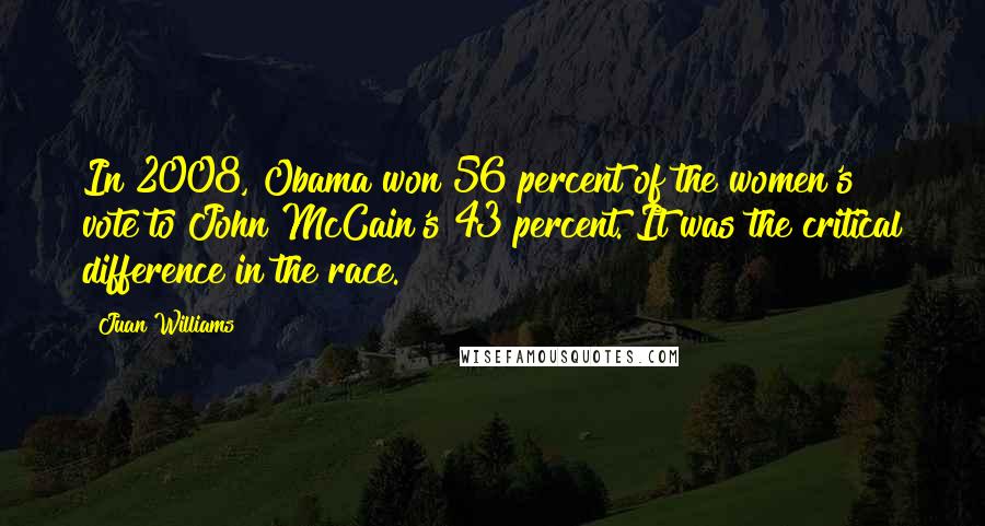Juan Williams Quotes: In 2008, Obama won 56 percent of the women's vote to John McCain's 43 percent. It was the critical difference in the race.