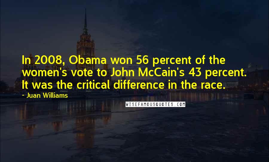 Juan Williams Quotes: In 2008, Obama won 56 percent of the women's vote to John McCain's 43 percent. It was the critical difference in the race.