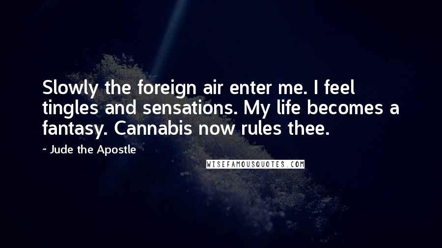 Jude The Apostle Quotes: Slowly the foreign air enter me. I feel tingles and sensations. My life becomes a fantasy. Cannabis now rules thee.