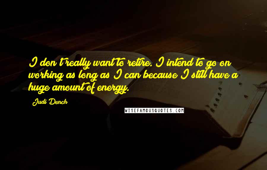 Judi Dench Quotes: I don't really want to retire. I intend to go on working as long as I can because I still have a huge amount of energy.