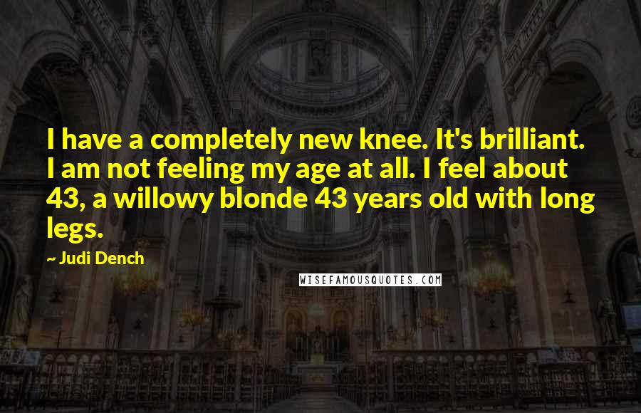 Judi Dench Quotes: I have a completely new knee. It's brilliant. I am not feeling my age at all. I feel about 43, a willowy blonde 43 years old with long legs.