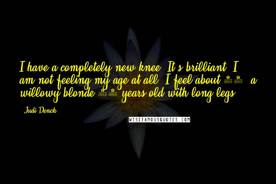 Judi Dench Quotes: I have a completely new knee. It's brilliant. I am not feeling my age at all. I feel about 43, a willowy blonde 43 years old with long legs.