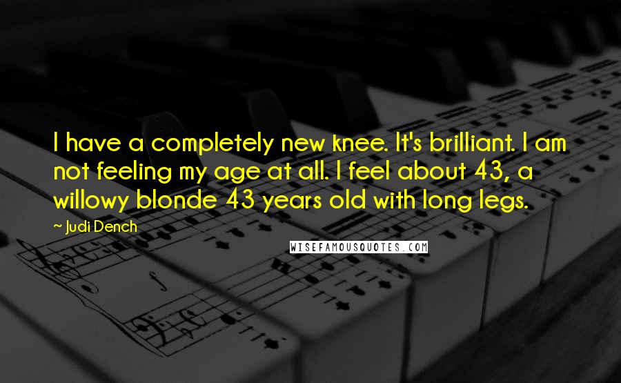 Judi Dench Quotes: I have a completely new knee. It's brilliant. I am not feeling my age at all. I feel about 43, a willowy blonde 43 years old with long legs.