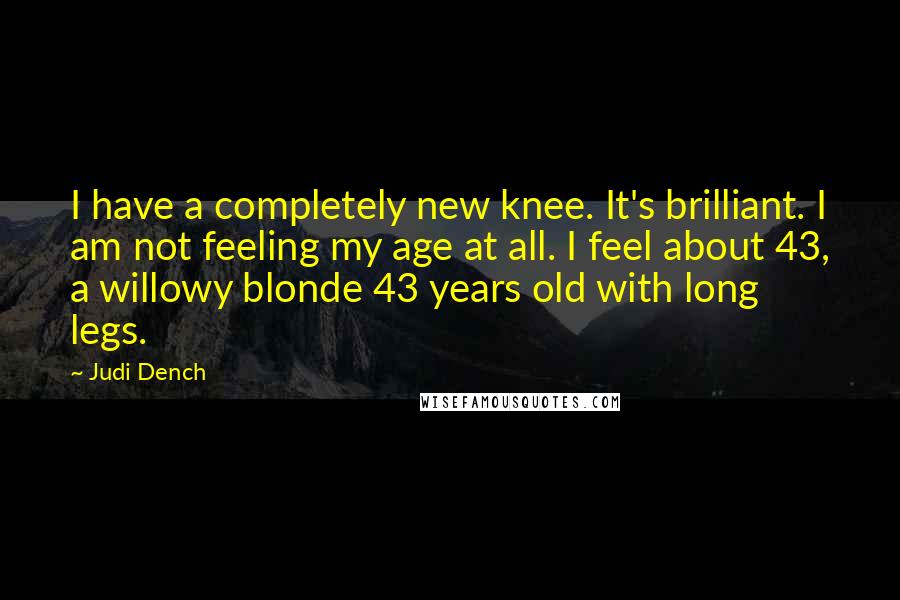 Judi Dench Quotes: I have a completely new knee. It's brilliant. I am not feeling my age at all. I feel about 43, a willowy blonde 43 years old with long legs.
