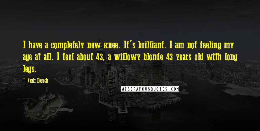 Judi Dench Quotes: I have a completely new knee. It's brilliant. I am not feeling my age at all. I feel about 43, a willowy blonde 43 years old with long legs.