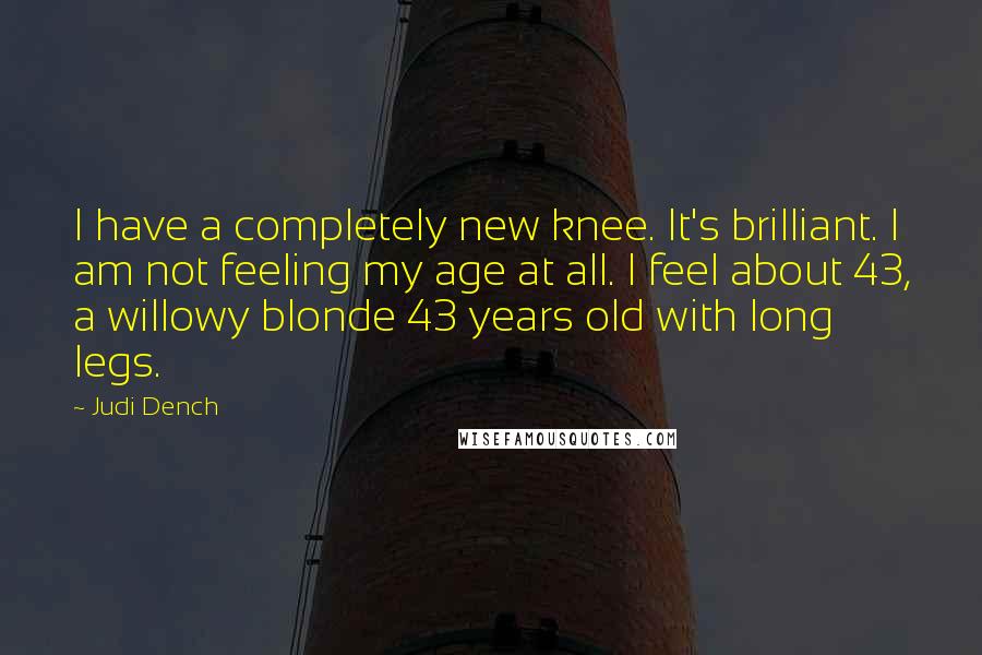 Judi Dench Quotes: I have a completely new knee. It's brilliant. I am not feeling my age at all. I feel about 43, a willowy blonde 43 years old with long legs.