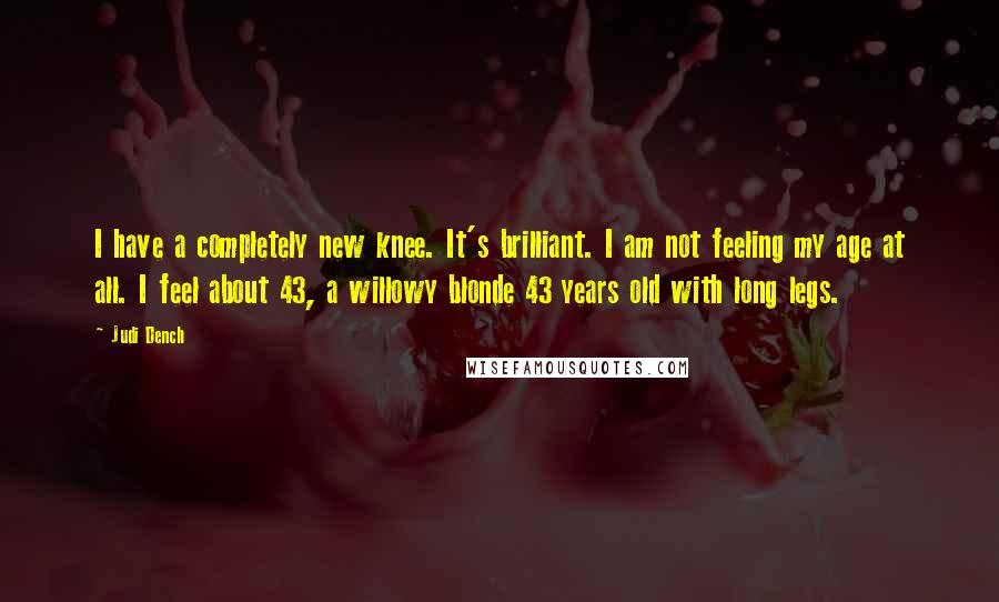 Judi Dench Quotes: I have a completely new knee. It's brilliant. I am not feeling my age at all. I feel about 43, a willowy blonde 43 years old with long legs.