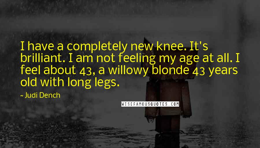Judi Dench Quotes: I have a completely new knee. It's brilliant. I am not feeling my age at all. I feel about 43, a willowy blonde 43 years old with long legs.