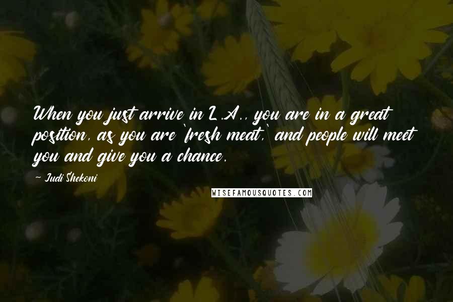 Judi Shekoni Quotes: When you just arrive in L.A., you are in a great position, as you are 'fresh meat,' and people will meet you and give you a chance.