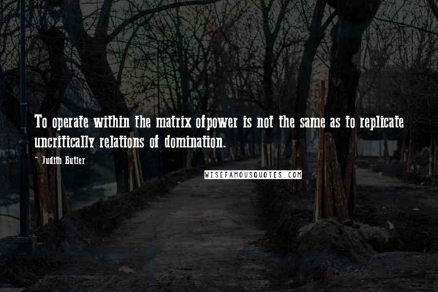 Judith Butler Quotes: To operate within the matrix ofpower is not the same as to replicate uncritically relations of domination.