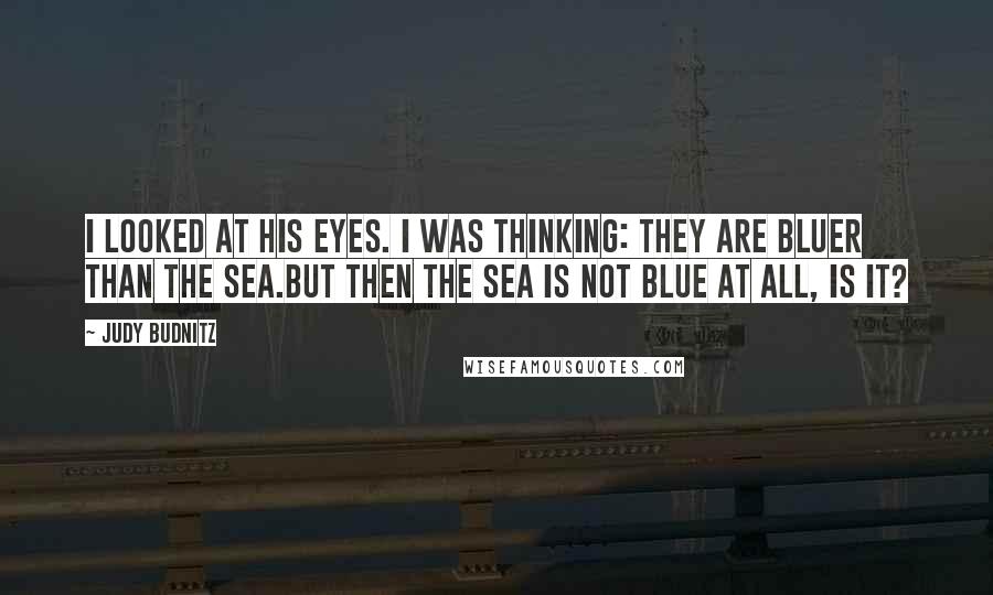 Judy Budnitz Quotes: I looked at his eyes. I was thinking: they are bluer than the sea.But then the sea is not blue at all, is it?