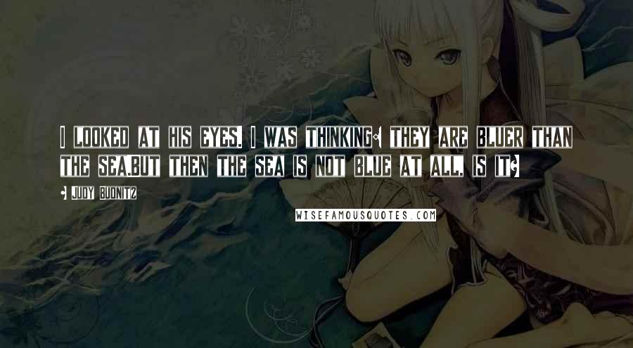 Judy Budnitz Quotes: I looked at his eyes. I was thinking: they are bluer than the sea.But then the sea is not blue at all, is it?