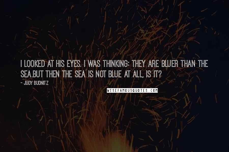 Judy Budnitz Quotes: I looked at his eyes. I was thinking: they are bluer than the sea.But then the sea is not blue at all, is it?