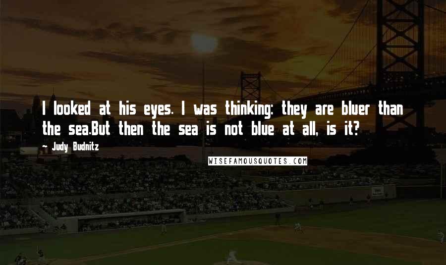 Judy Budnitz Quotes: I looked at his eyes. I was thinking: they are bluer than the sea.But then the sea is not blue at all, is it?