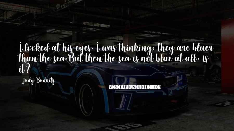 Judy Budnitz Quotes: I looked at his eyes. I was thinking: they are bluer than the sea.But then the sea is not blue at all, is it?